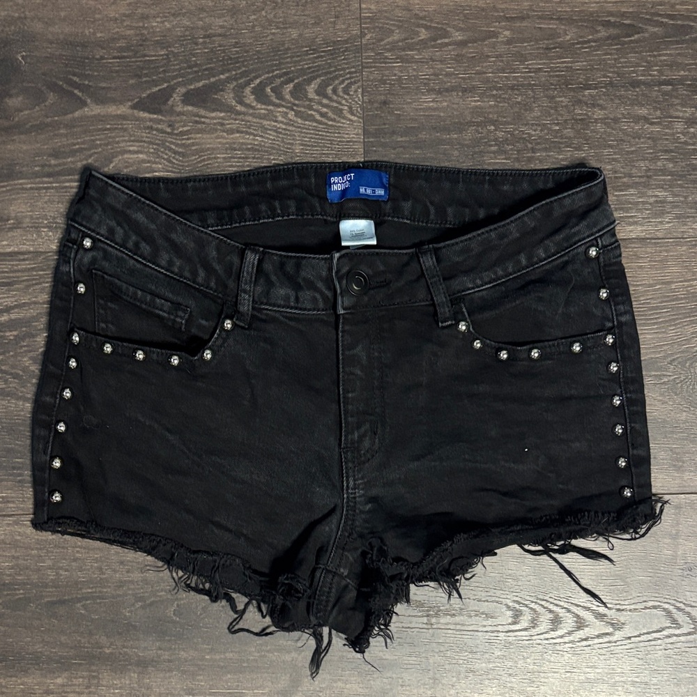 Project Indigo Black Studded Frayed Denim Shorts